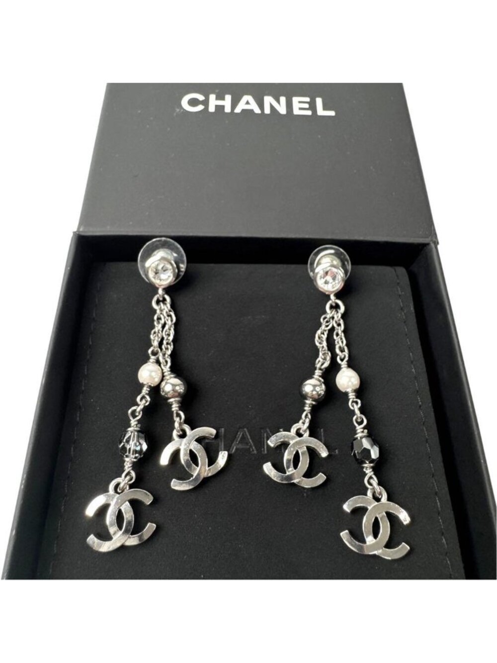 Chanel CC Logo Long Drop Earrings Light Stone Pearl